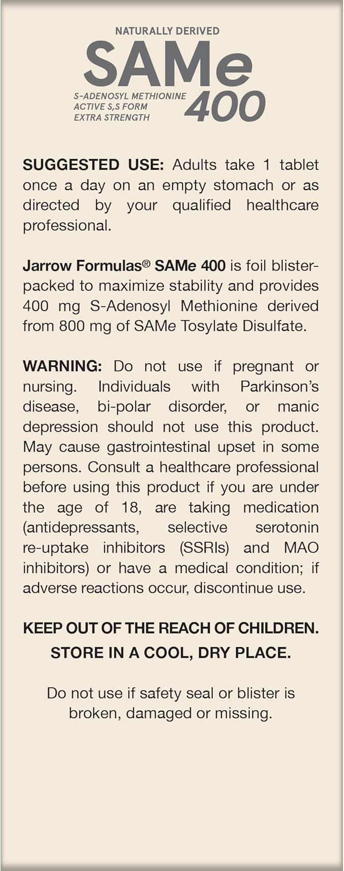 Jarrow Formulas SAMe 400 mg, Supports Joint Health, Liver Function, Brain Metabolism, 60 Tablets, Up To a 60 Day Supply