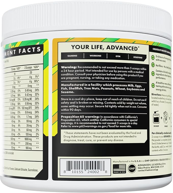 Advanced Energy - Energy Brmula with Electrolytes for Hydration oosting Fo- L-Theanine to Combat Jitters - Sugar Free & Keto Friendly - No Maltodextrin (40 Servings) (Calamansi)