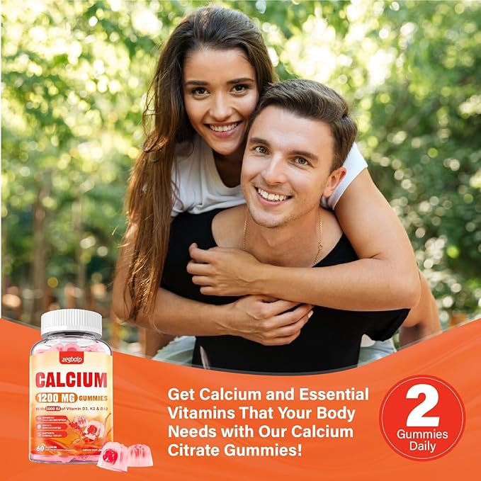 Calcium 1200 mg with Vitamin D3 Supplement for Adults - Calcium Gummies with Vitamin D3 5000IU, K2, B12 for Women Men - Extra Absorption Calcium Citrate - Natural Strawberry Flavor, 120 Gummies