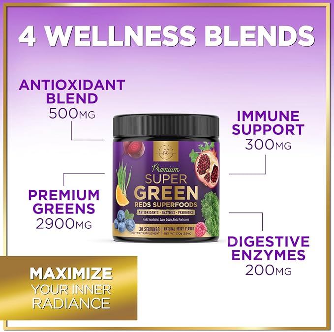 Greens Superfood Powder - Greens Powder Mix for Energy, Spirulina, Chlorella & Digestive Enzymes, Antioxidant Super Green Mix, 20+ Amazing Superfoods Support Digestion, Vegan & Non-GMO - 30 Servings