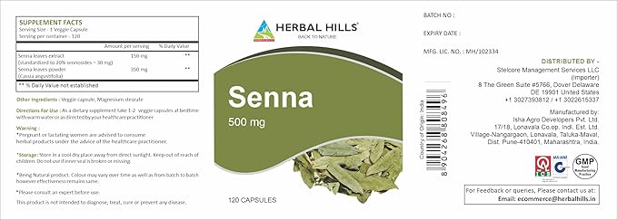 HERBAL HILLS Senna Capsules (alexandrina Senna) | 120 Capsules (500 mg) | Natural Laxative, Stool Softner, Constipation Relief