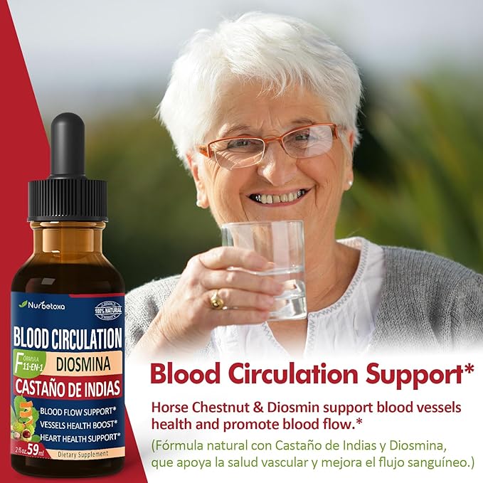 Blood Circulation Horse Chestnut Extract Liquid Drops, Castaño de Indias y Diosmina para la Circulacion y Varices, Nitric Oxide Supplement for Blood Flow, Pressure & Heart Health.2 oz