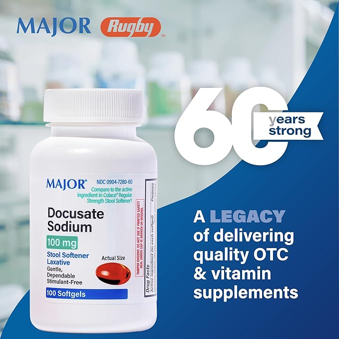 Major Docusate Sodium 100 mg - Stool Softener Laxative Softgels for Occasional Constipation Relief - Stool Softeners for Women, Men, and Kids - Stimulant-Free - 100 Softgels (8 Pack)