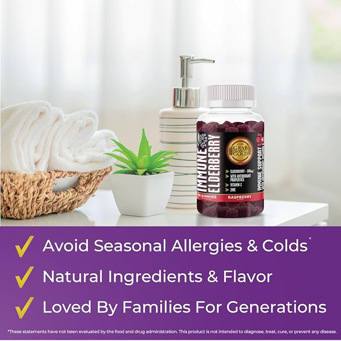 Grab The Gold Immune Elderberry Gummies with Vitamin C and Zinc (1 Bottle = 45 Day Supply) Gluten Free, Vegetarian Friendly