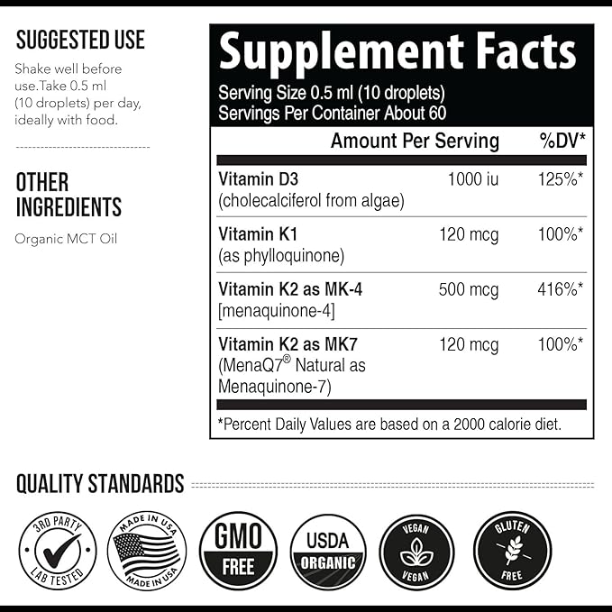 Total K2® | Vitamin K2 as MK7 & MK4 | Plus K1 & Vitamin D3 Cofactor - 620 mcg K2 per Serving - All-Trans MK7 from MenaQ7® - Full-Spectrum Vitamin K - Vegan, Organic Certified (Liquid 1 oz)