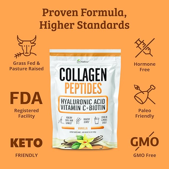 Dr. Matthew Vanilla Collagen Protein Powder with Hyaluronic Acid, Vitamin C and Biotin for Hair, Skin, Nails, Joint. Keto, Type 1 and 3.