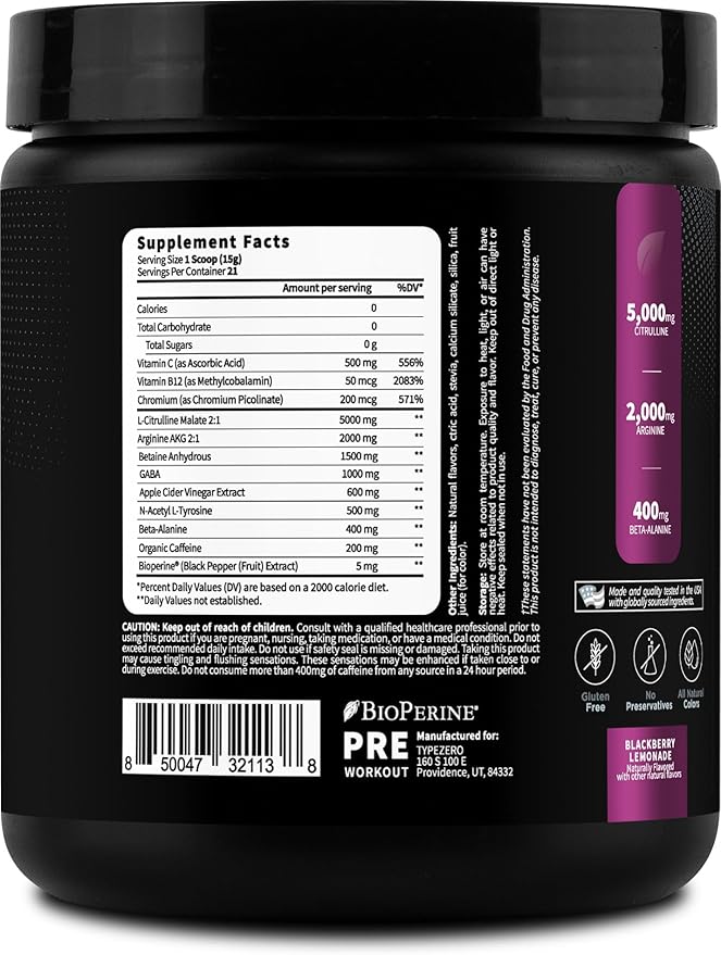Type Zero Clean Pre Workout (11.3 oz | BlackBerry Lemonade) + Beet Root + L-Arginine + L-Citrulline - 2G Arginine, L-Citrulline Malate, Sugar Free, Organic Caffeine Preworkout
