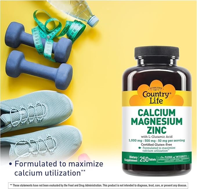 Country Life Calcium Magnesium Zinc with Vitamin D3 and L-Glutamic Acid, Dietary Supplement for Bone Support, Certified Gluten Free, 1000mg/500mg/50mg, 250 Tablets