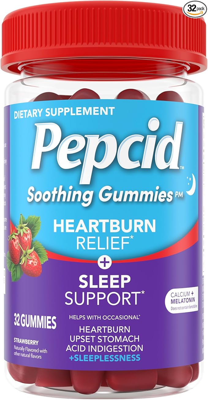 Pepcid Soothing Gummies, Heartburn Relief + Sleep Support Gummies Help Occasional Heartburn, Upset Stomach, Acid Indigestion + Sleeplessness, Calcium & Melatonin, Strawberry, 32 ct