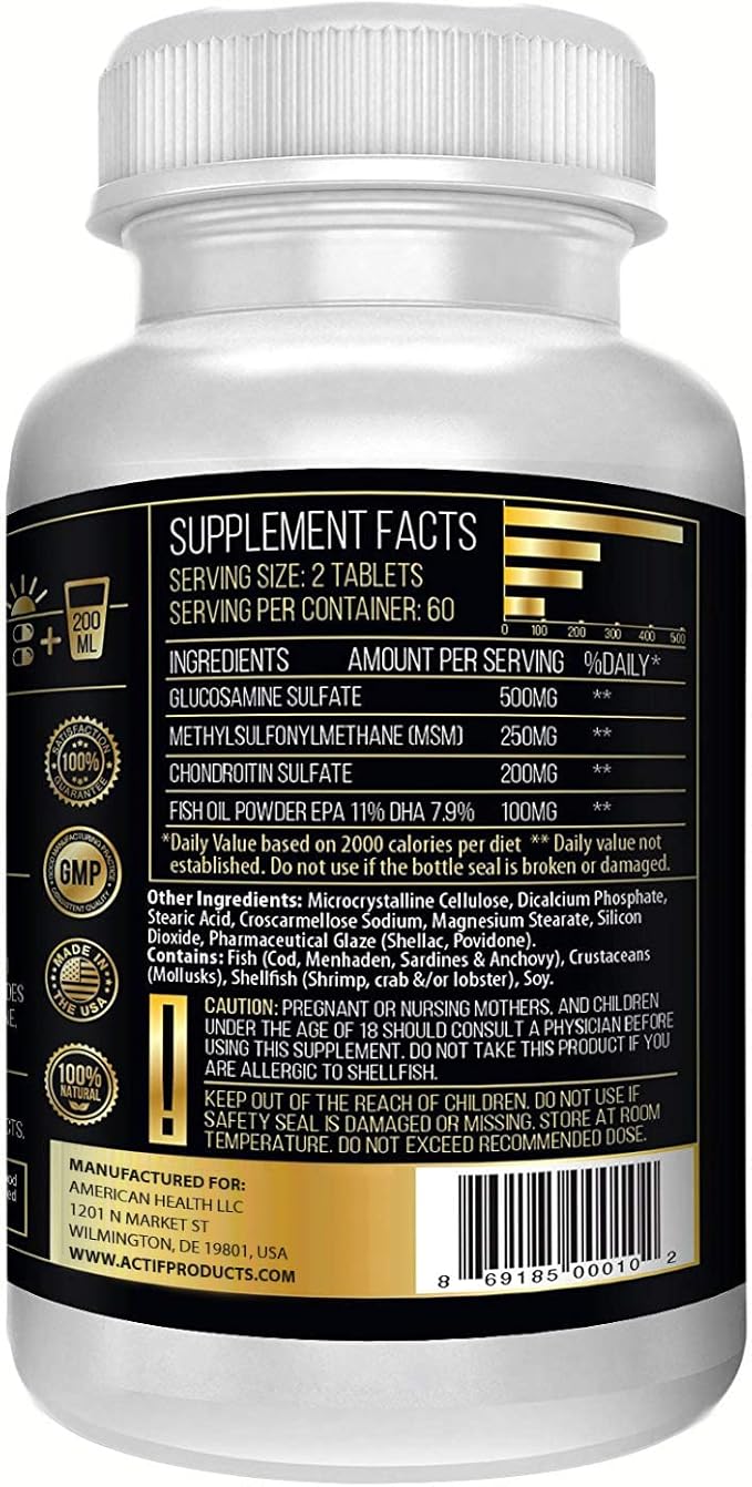 ACTIF Joint Supplement 4-in-1 Fast Relief Maximum Strength, Full Joint Support Formula, Non GMO, 120ct, Made in USA