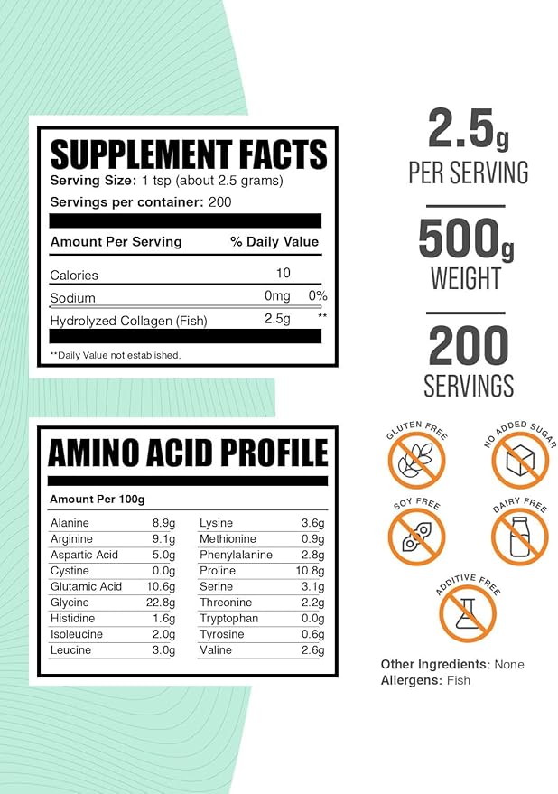 BulkSupplements.com Marine Collagen Powder - Collagen Supplement, Hydrolyzed Collagen Powder, Marine Collagen Peptides Powder - Gluten Free, 2500mg per Serving, 500g (1.1 lbs) (Pack of 1)