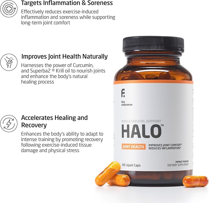 FIRST ENDURANCE Halo Joint Health Supplement - Krill Oil, Choline, Curcumin, Improves Joint Comfort, Accelerates Recovery, Superior Absorption Extra Strength Joint Support, 60 Liquid Capsules