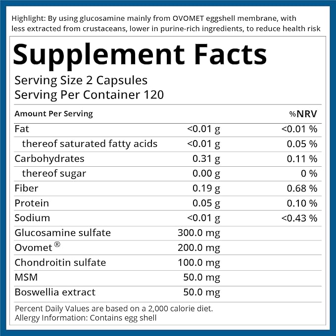 Low-Purine OVOMET Eggshell Membrane Glucosamine Chondroitin Sulfate MSM Boswellia Joint Supplement - Supports Mobility Comfort Strength Flexibility & Bone - Made in Germany - 60 Days Supply