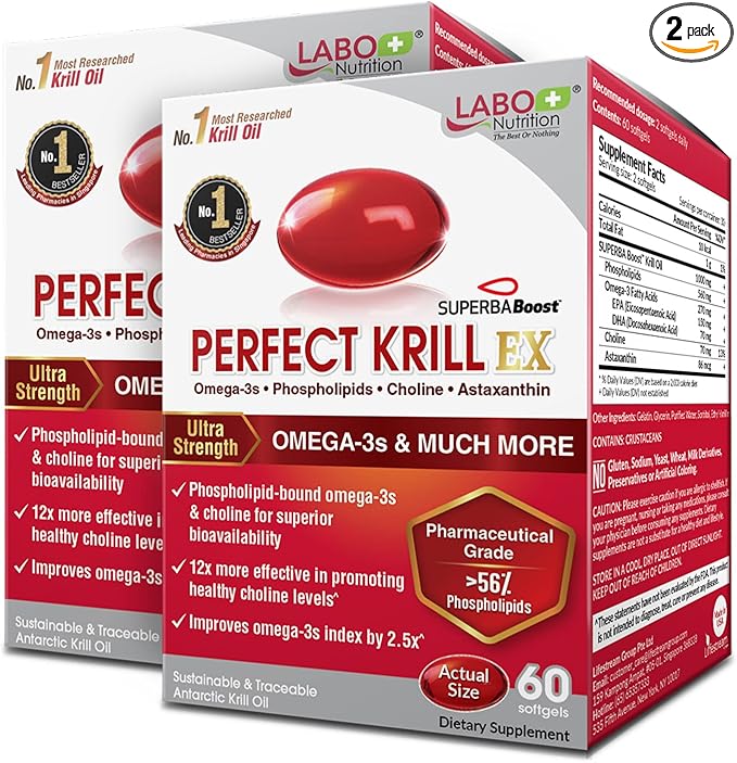 LABO Nutrition Perfect Krill EX, 1000mg Antarctic Krill Oil Omega 3 EPA DHA, Highest Phospholipids (Over 56%) with Choline, Astaxanthin | Heart Brain Eye Joint Health, Made in USA, 60 softgelsX2
