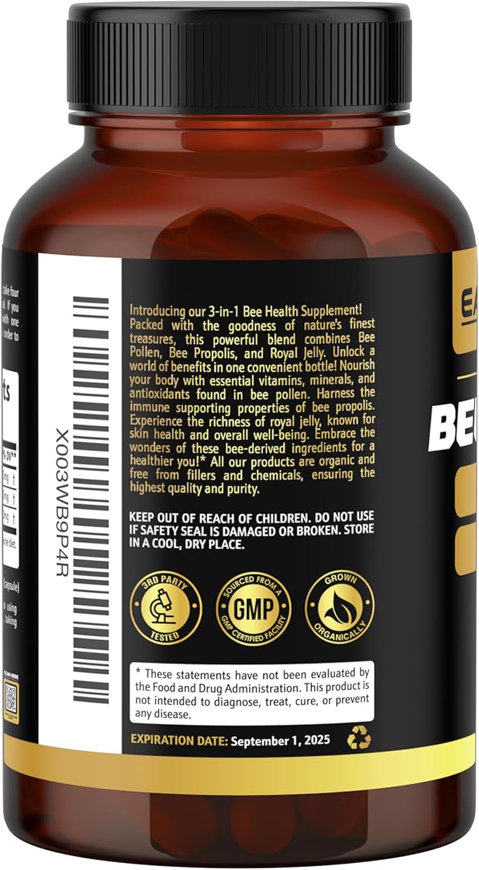 3-in-1 Organic Bee Pollen Capsule – Non-GMO, Pure Raw Bee Pollen, Royal Jelly, Propolis Extract for Women & Men – Natural Energy, Immune & Vitality Support – 180 Propolis Capsules