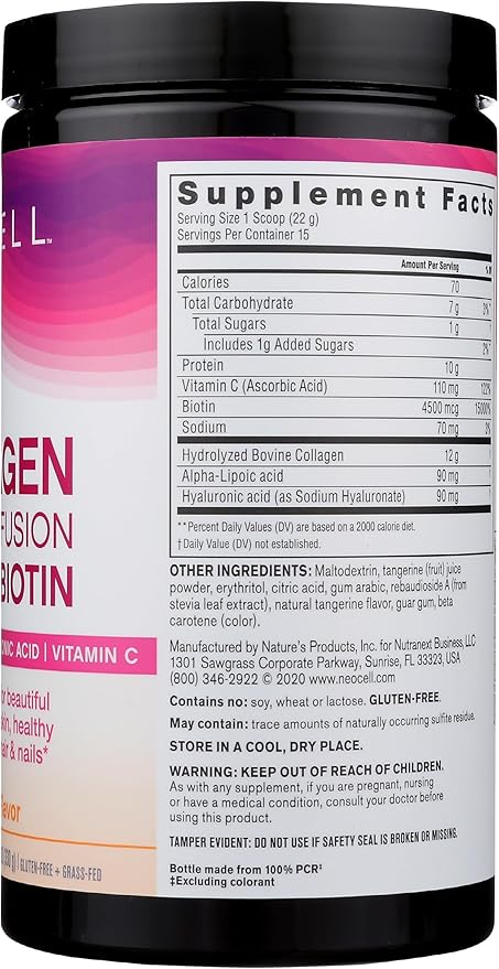 NeoCell Collagen Powder with Biotin, Vitamin C & Hyaluronic Acid, Collagen Type 1 & 3, Beauty Infusion Promotes Beautiful Skin, Healthy Hair & Nail, Gluten Free, Tangerine, 11.64 Oz