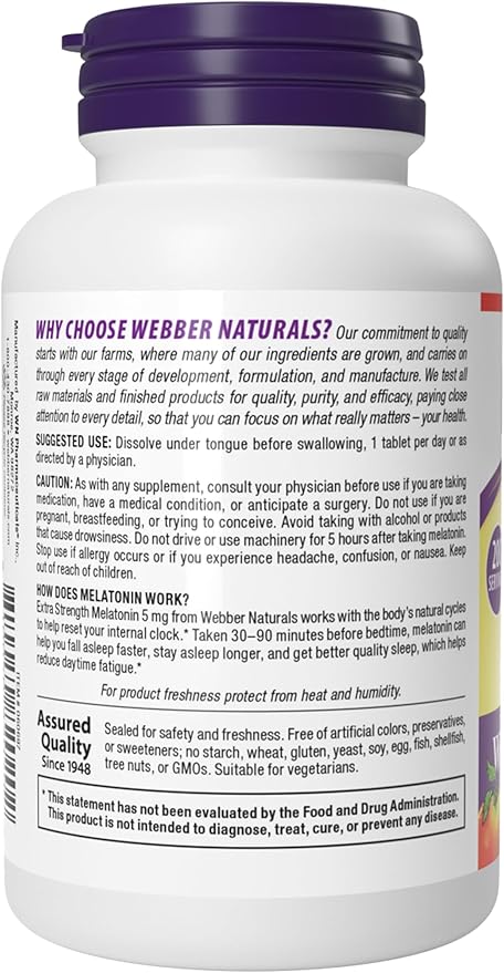 Webber Naturals Extra Strength Melatonin 5mg, Fast-Melting Tablets, 200 Day Supply, 100% Drug Free Sleep Supplements for Adults, Gluten Free, Non-GMO, Vegetarian Formula