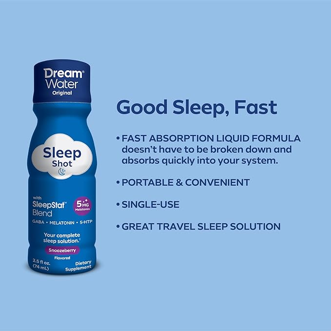Dream Water Sleep Aid Supplement Drink; Melatonin 5mg, GABA, 5-HTP; Zero sugar, Natural flavors, No added colors, 2.5 oz liquid sleep shots, Snoozeberry, 24-Count