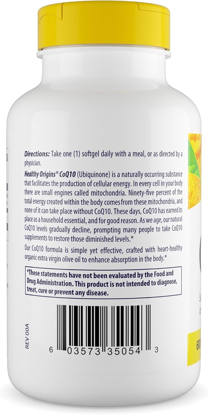 Healthy Origins® CoQ10 600 mg – Natural Trans-Isomer Ubiquinone – Yeast Fermented, Supports Heart Health & Cellular Energy – Non-GMO 60 Softgels
