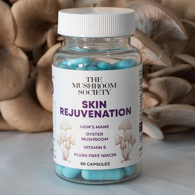 Skin Rejuvenation Supplement - Lion’s Mane, Oyster Mushroom, Vitamin E & Flush Free Niacin -Supports Skin Health & Radiance - 60 Capsules