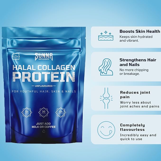 Halal Bovine Collagen Protein Powder for Hair Skin Nails and Joints - Type (I, III) Hydrolysed Premium Bovine Collagen Peptides for Women and Men | Gluten Free | Unflavoured