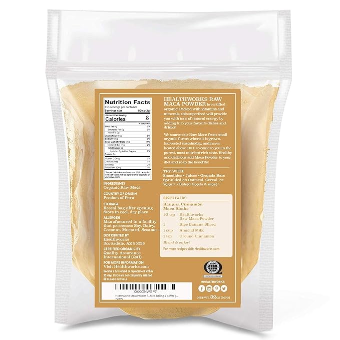 Healthworks Superfoods Organic Maca Powder Raw - 32 Oz / 2 Lbs - Certified Organic Flour Use - Keto, Vegan & Non-GMO - Premium Peruvian Origin - Breakfast, Smoothies, Baking & Coffee - Antioxidant
