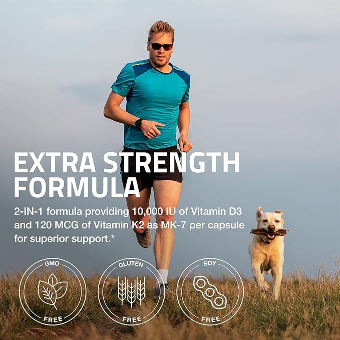Bronson Vitamin K2 (MK7) with D3 Extra Strength Supplement Bone and Heart Health Non-GMO Formula 10,000 IU Vitamin D3 & 120 mcg Vitamin K2 MK-7 Easy to Swallow Vitamin D & K, 120 Capsules