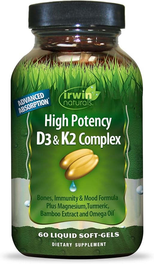 Irwin Naturals High Potency Mega D3 & K2 + Turmeric Extract for Healthy Bones, Immune Function & Positive Mood - Advanced Absorption with Magnesium, Turmeric, Bamboo & Omega Oil - 60 Liquid Softgels