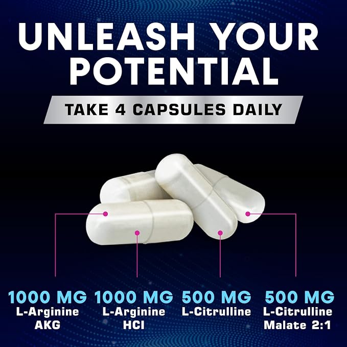 Extra Strength Nitric Oxide Supplement 3X Strength L Arginine, Citrulline Malate, AAKG, Beta Alanine - Premium Muscle Supporting Nitric Booster - Natural Energy & Heart Health Support - 240 Capsules