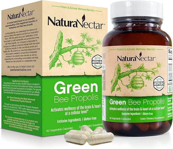 NaturaNectar - Green Bee Propolis Capsules - NSF Contents Certified Brazilian Green Propolis - Gluten-Free Propolis Supplements with Flavonoids - Naturally Sourced Through Ethical Beekeeping (60pcs.)