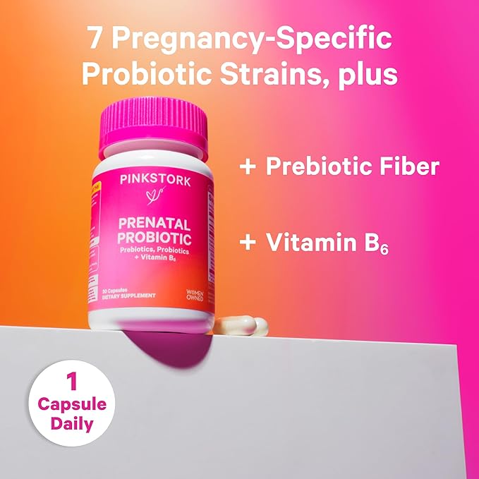 Pink Stork Prenatal Probiotics for Women - Vitamin B6, Prebiotics, Morning Sickness, Gut Microbiome, Pregnancy Probiotic, Immune Support, Pregnancy Must Haves - 60 Capsules