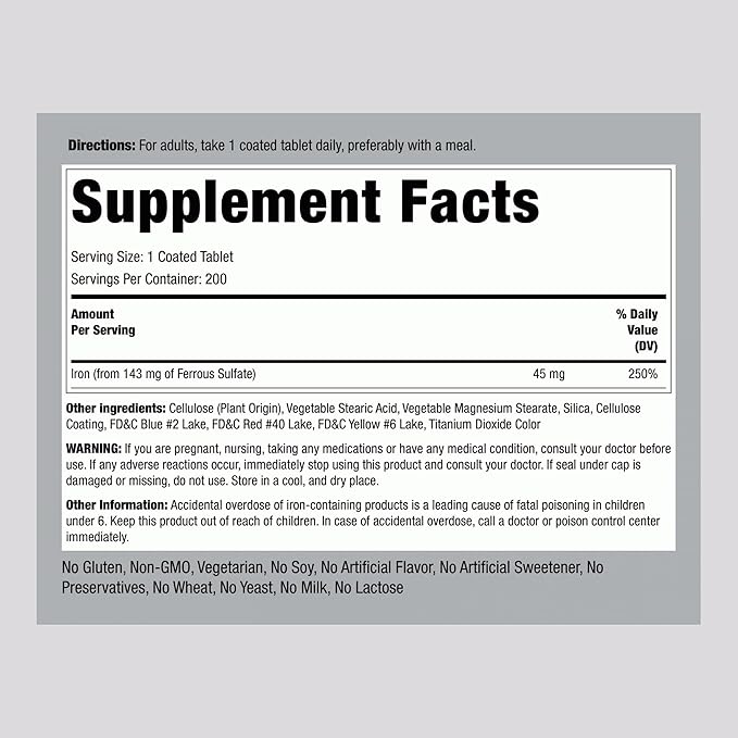 Piping Rock Iron Supplement 45 mg | 200 Tablets | for Women & Men | Slow Release Ferrous Sulfate | Vegetarian, Non-GMO & Gluten Free