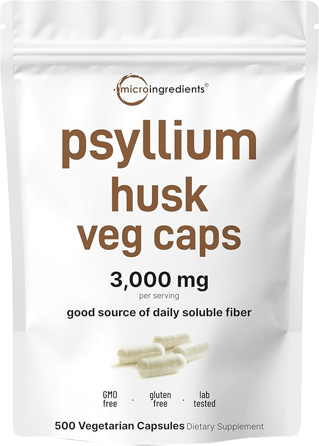 Psyllium Husk Veg Caps 3,000mg, 500 Veggie Capsules | Soluble Fiber Supplement | Max Strength | India Origin | Natural Prebiotics & Probiotics | Gut & Digestive Health Support | Vegan, Non-GMO