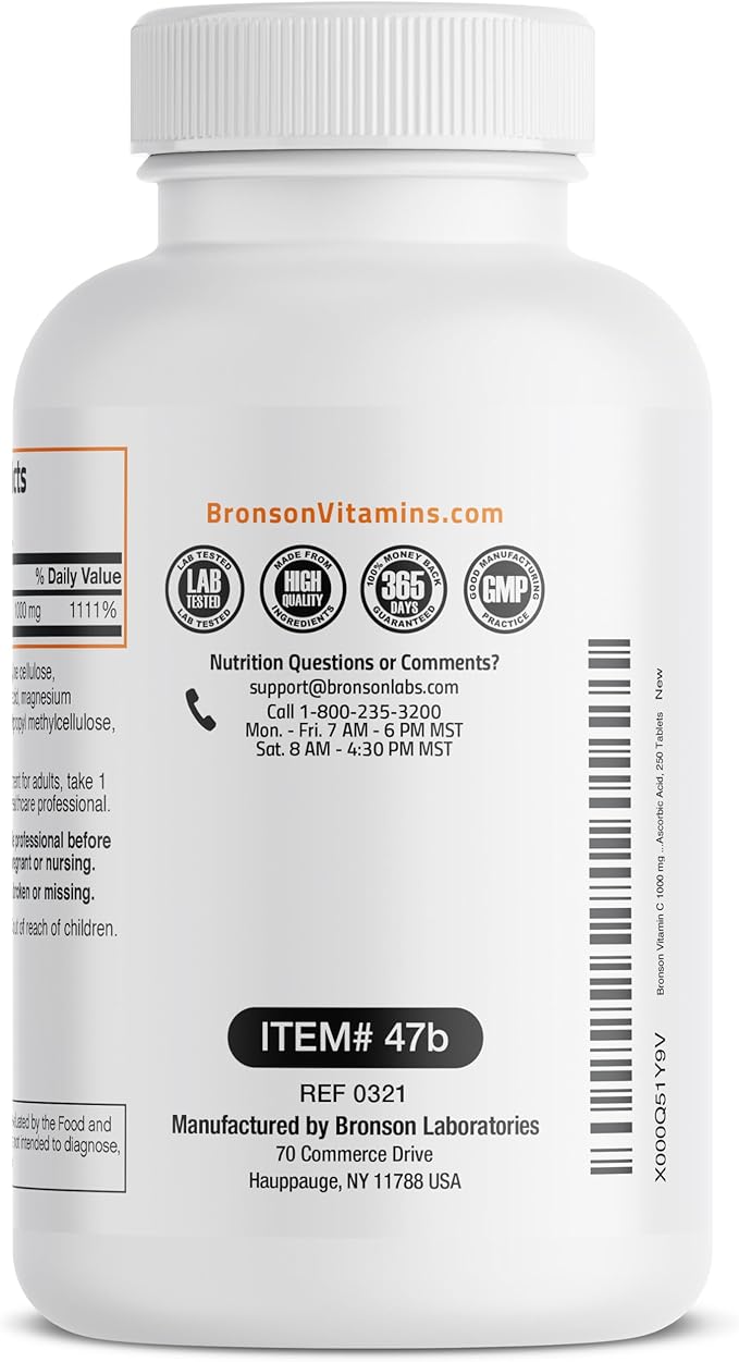 Bronson Vitamin C 1000mg Premium Non-GMO Ascorbic Acid Tablets, 250 Count