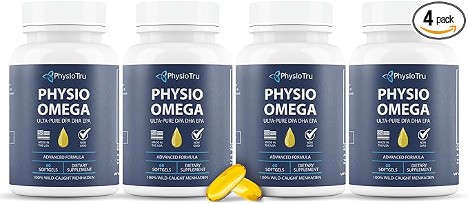 Physio Omega - Omega 3 Supplement - Sustainably Sourced - with DPA, EPA, and DHA - Burpless Fish Oil - 4 Pack