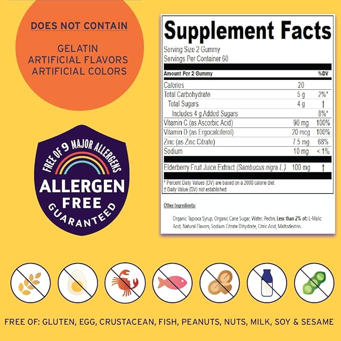 Vitamin Friends - Elderberry, Vitamin C Gummies - Vegan Immune System Booster Blended Supplements - Health Support w/ Zinc Citrate & Vitamin D - Advanced Immune Support - 30 Day Supply – 1 Pack