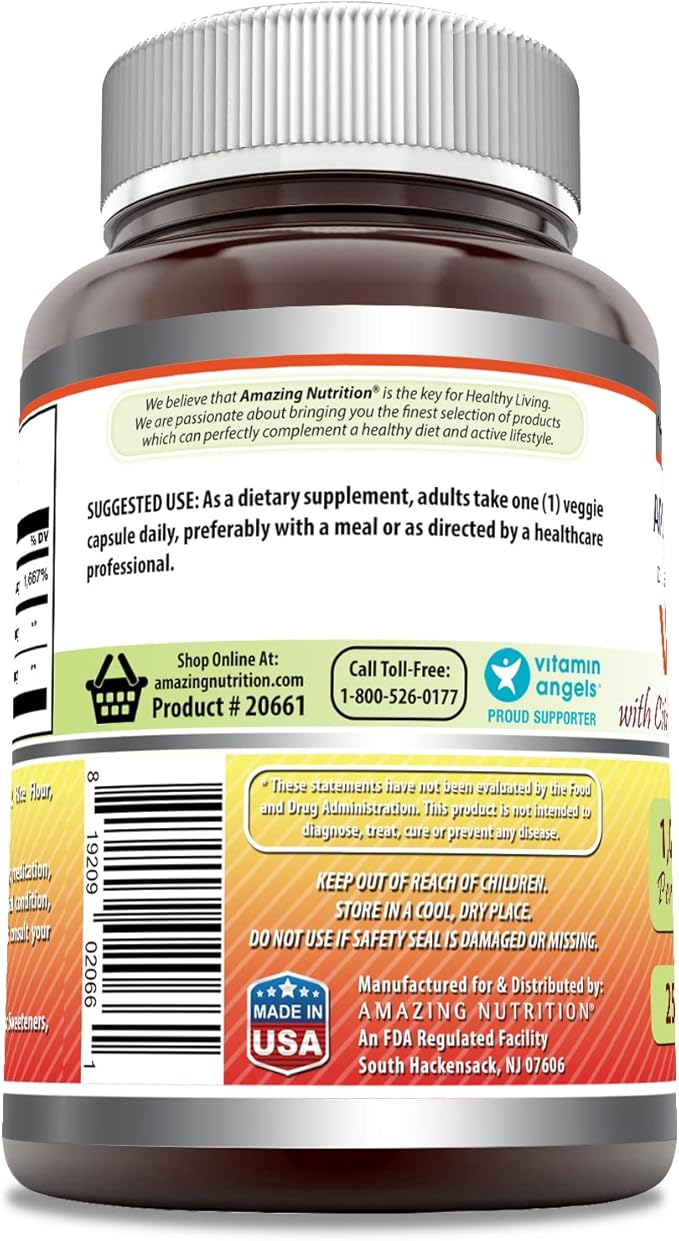 Amazing Formulas Vitamin C (Ascorbic Acid) 1000 mg with Rose HIPS & Citrus Bioflavonoids | Veggie Capsules Supplement | Non-GMO | Gluten Free | Made in USA (250 Count)