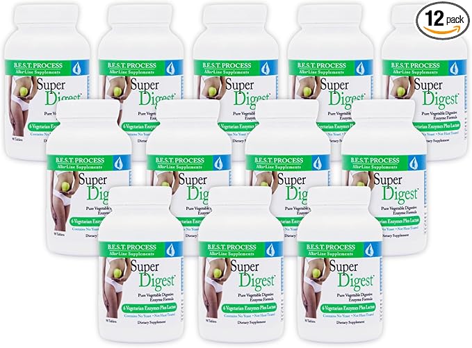 SuperDigest (12 Pack) Best Process Alkaline — Multi-Enzyme Digestive Support — Digestive Enzymes with Alfalfa, Papain & Bromelain (Vegetarian Friendly)
