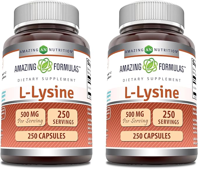 Amazing Formulas L-Lysine 500 mg Capsules Amino Acid Supplement | Non-GMO | Gluten Free | Made in USA (250 | 2 Pack)