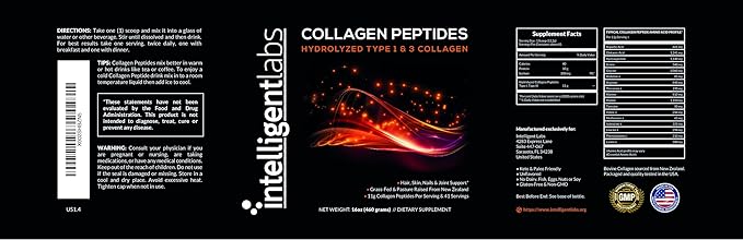 Intelligent Labs Hydrolyzed Type 1 and 3 Collagen Peptides Powder, 100% Cruelty-Free and Grass-Fed Bovine, Supports Healthy Hair, Skin, Nails & Joints, 11g per Serving, 41 Servings a Bottle
