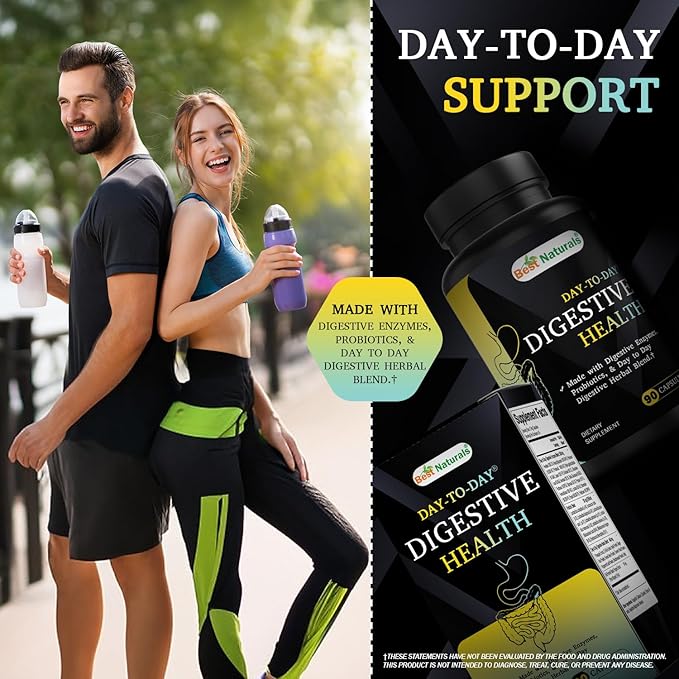 Best Naturals Day-to-Day Digestive Support 90 Veg Capsules - Made with Digestive Enzymes, Probiotics, & Herbal Blend - Made in The USA