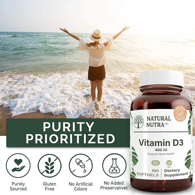 Natural Nutra Supreme Vitamin D3 400 IU Softgels, Helps Boost Immune, Support Lungs Health, Sunshine Vitamin, Helps Improve Cardiovascular Health, Bone and Teeth Strength, Gluten-Free, 100 Softgels