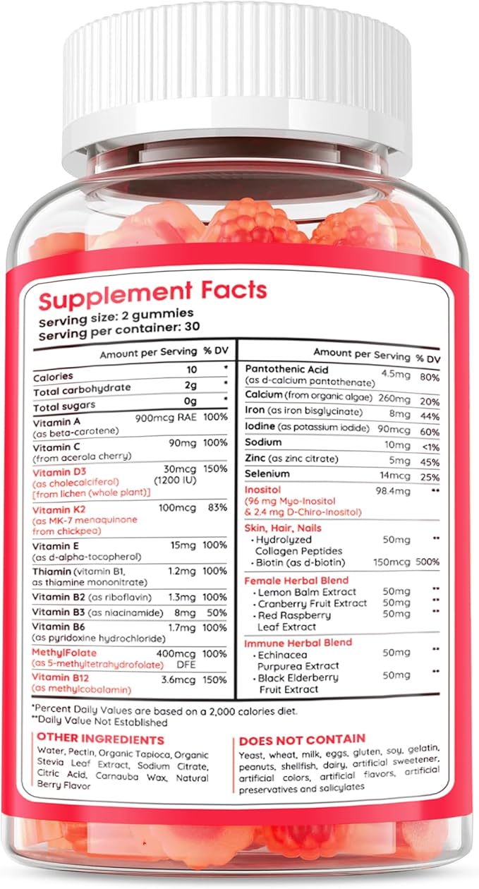 Muun Methylated Multivitamin Gummy for Women 14+, Beauty, Focus & Energy Support, Vitamin B Complex, Low Iron, Methyl Folate, Sugar-Free, Non-GMO