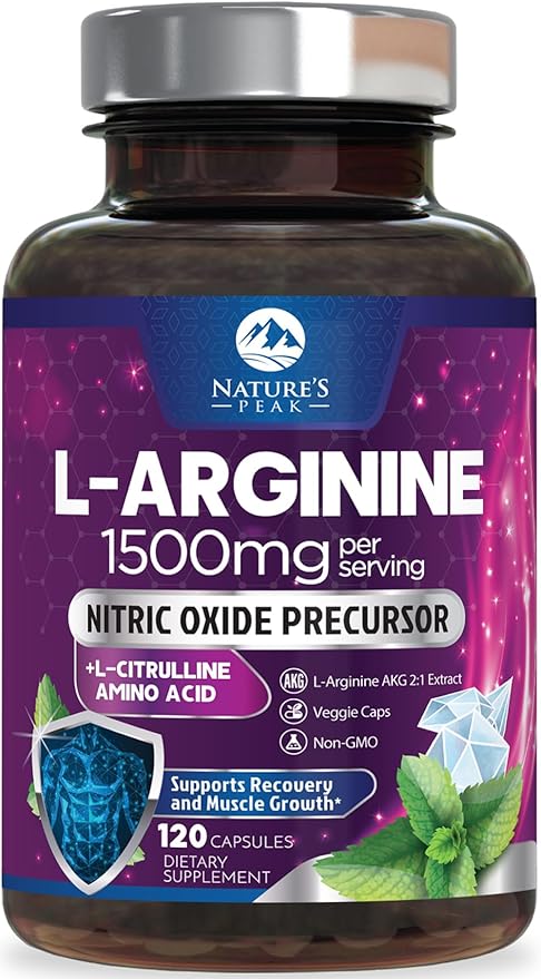 L-Arginine 1000mg Supplement Supports Heart Health - Premium Muscle Supporting Nitric Booster for Strength & Energy to Train Harder - Nature's Non-GMO, Gluten-Free Amino Acid Blend - 120 Capsules