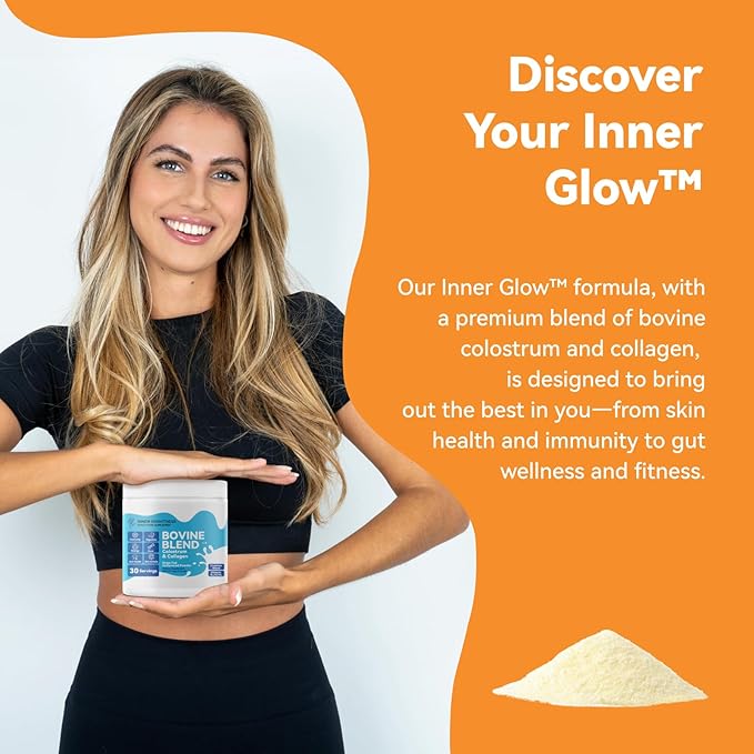 Bovine Colostrum & Collagen Powder for Gut Health, Immune Support, Hair Growth & Beauty Supplement, Sugar Free – IgG, Probiotics, Vitamin B12, C, D3 – Orange Flavor, 30 Servings