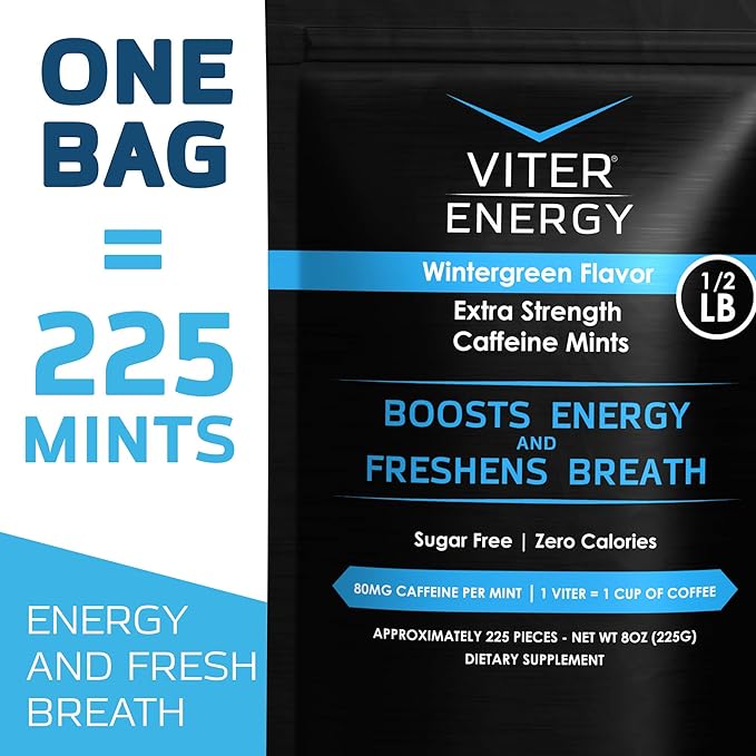 Viter Energy Extra Strength Caffeinated Mints 80mg Caffeine, B Vitamins, Sugar Free. (Wintergreen, 8oz, Bulk Bag)