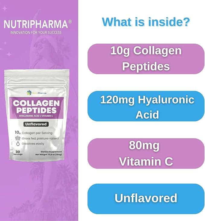 Collagen Peptides Powder with Hyaluronic Acid and Vitamin C, Promotes Hair, Nail, Skin, Bone and Joint Health, Unflavored Collagen Protein Powder, 30 Servings, 10,8 oz