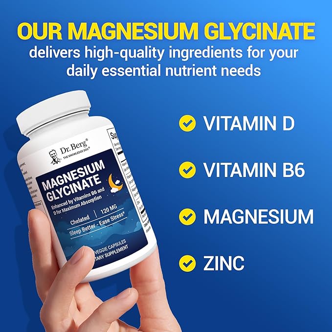 Dr. Berg Magnesium Glycinate with Vitamin D, B6 & Zinc for Stress Relief, Calm, Relaxation, & Good Sleep* - 120 mg Per Magnesium Supplement Capsule - Chelated Magnesium Glycinate - 150 Caps