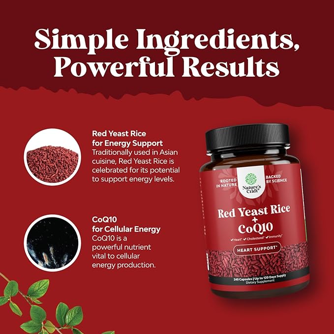 Red Yeast Rice with CoQ10 Supplement - Advanced Healthy Heart Formula for Men & Women - Extra Strength Capsule with 1200 mg per Serving - Vegan & Non-GMO - 240 Count