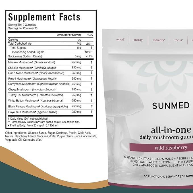 SUNMED All-in-One Mushroom Gummy Supplements for Focus, Energy, Mood & Immune Support – 10 Functional Mushrooms (Lion’s Mane, Reishi, Cordyceps, Chaga) | Wild Raspberry Flavor, 60ct